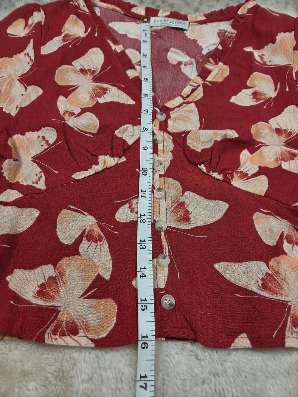 Paper Crane Red Butterfly Print V-Neck Crop Top with Smocked Back Waist, Size S - Picture 7 of 8